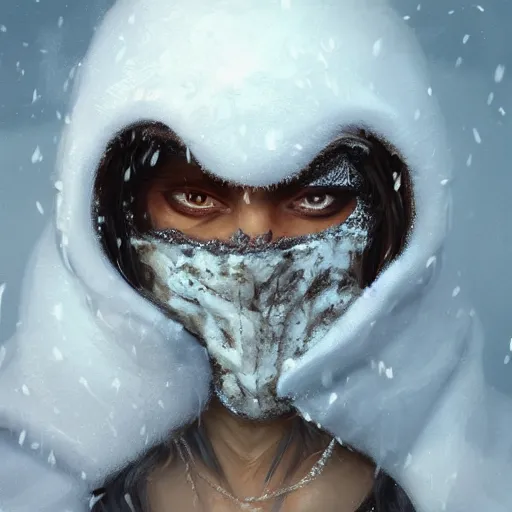 Image similar to fantasy snow bandit ‘ icewind dale ’ with mask, snow scene, ‘ icewind dale 2 ’ profile portrait by ‘ justin sweet ’, falling snow, soft focus, oil paint, artstation