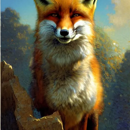 Image similar to a portrait of fox mccloud smiling at the viewer. highly detailed painting by gaston bussiere, craig mullins, j. c. leyendecker, furry