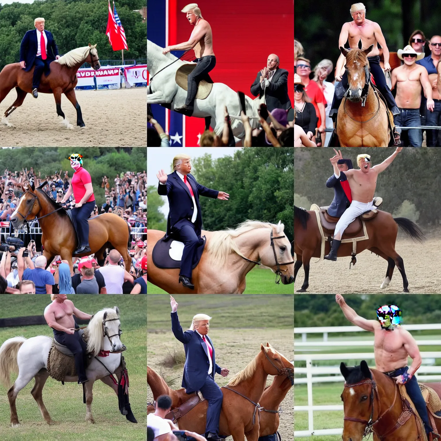 Prompt: shirtless donald trump riding a horse, hands in the air