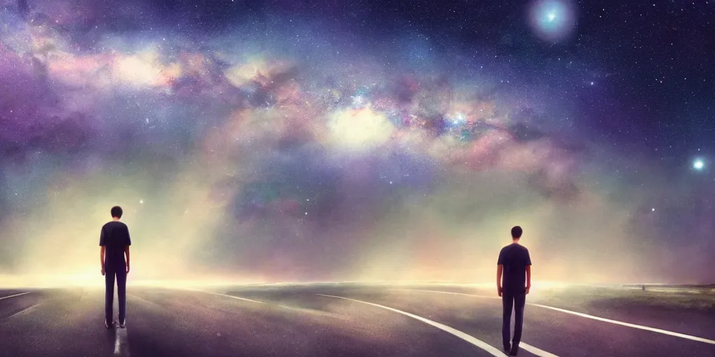 Prompt: man in a lonely road, night, galaxy sky, by artgerm, rule of third