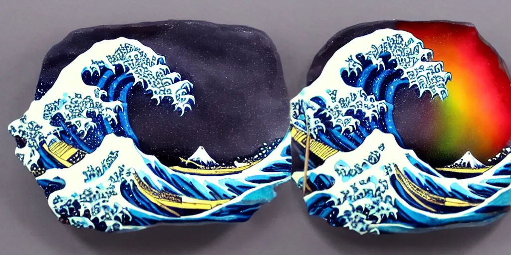 Image similar to carved diorama of The Great Wave off Kanagawa, but the water is made of a herd of Unicorns, with rainbow lava and neon fire, carved out of transparent marble