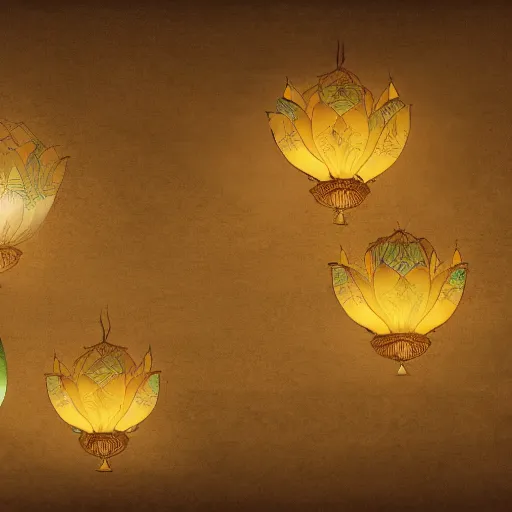 Prompt: concept art, lotus lanterns, high resolution, cave temples of dunhuang - style