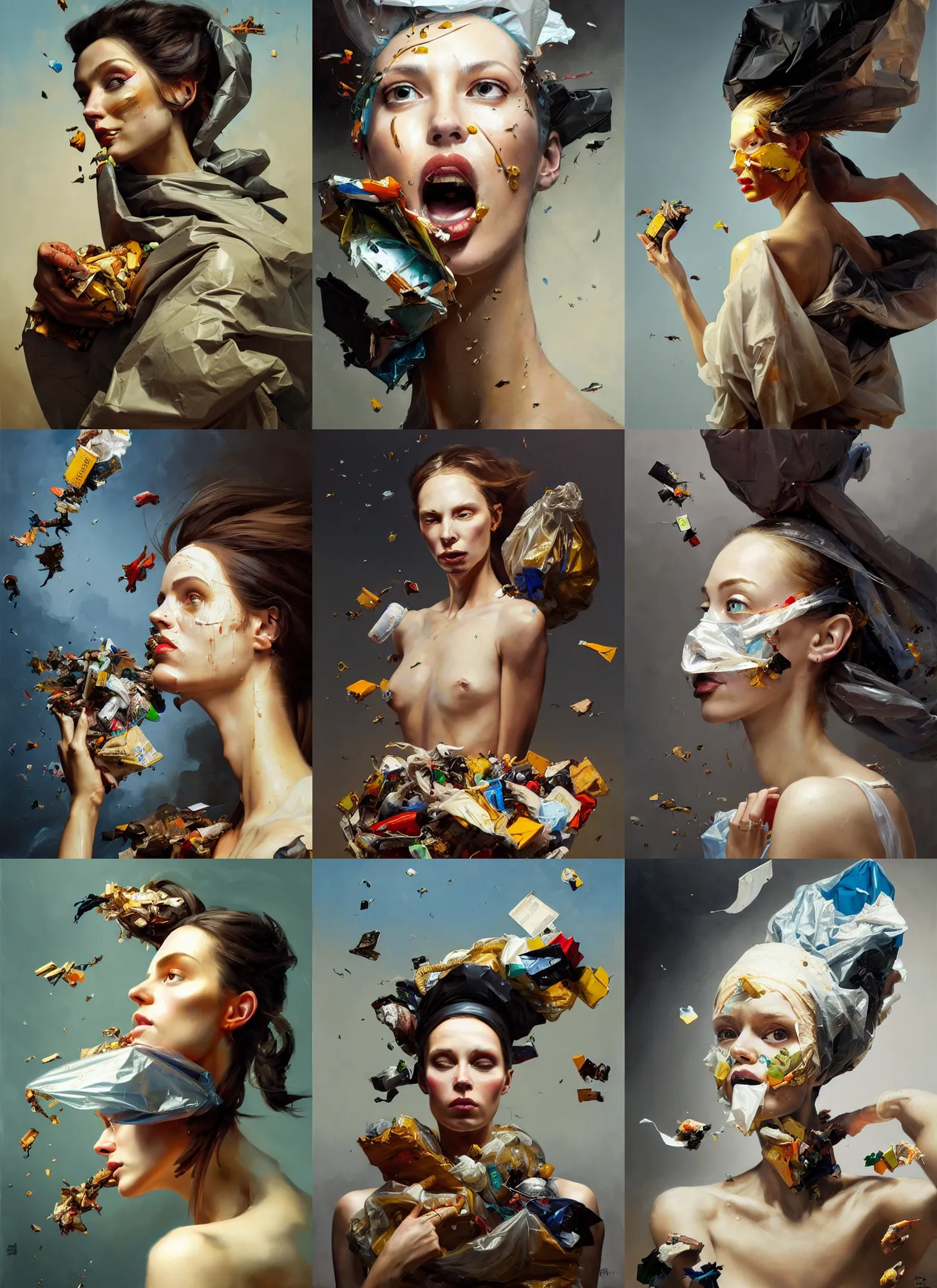 Image similar to fine art portrait oil painting of a beautiful woman with garbage flying into her face, wearing a plastic garbage bag, perspective, ultra detailed, elegant, intricate, dynamic lighting, hyperrealism, sharp focus, art by peter mohrbacher and ashley wood and andrei riabovitchev