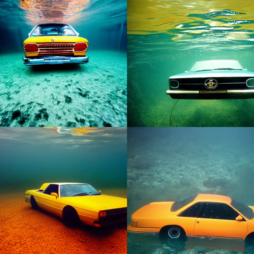 Prompt: nostalgia ultra car under water