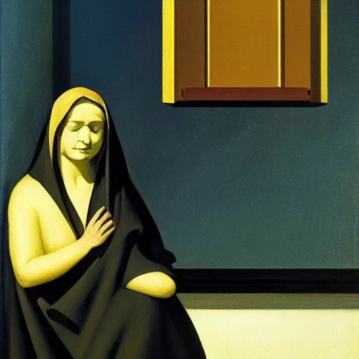 Image similar to Our Lady of Sorrow, painting by Edward Hopper (1967, oil and gold foil on wood), British Museum