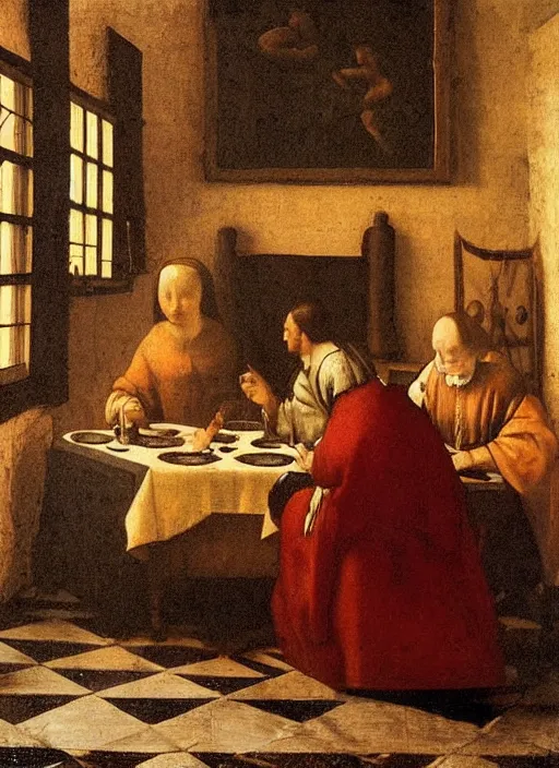 Image similar to a candlelit table at the inn, two people sitting at the table, swirling smoke, dark smoke, realistic, in the style of leonardo da vinci, dutch golden age, amsterdam, medieval painting by jan van eyck, johannes vermeer, florence
