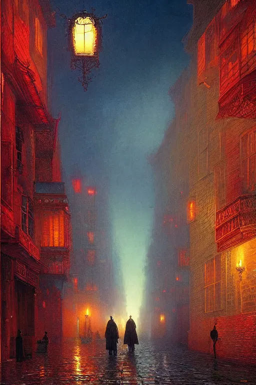 Prompt: the king in disguise, walking through the streets of the city of blood and prisms, night skies, dramatic light, hyperrealistic, colorful skies, digital art, vray, john atkinson grimshaw, ivan aivazovsky
