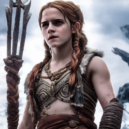 Prompt: Film still of Emma Watson as Freyja, from God of War (2018 video game)