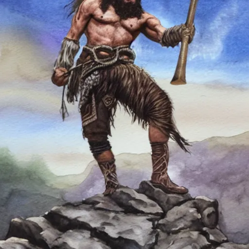 Prompt: randy savage with an anchor slung over his shoulder and foot heroically on a boulder posing in desolate wasteland | fantasy watercolour painting | middle earth | conan | darksun | d & d dungeons and dragons | barbarian