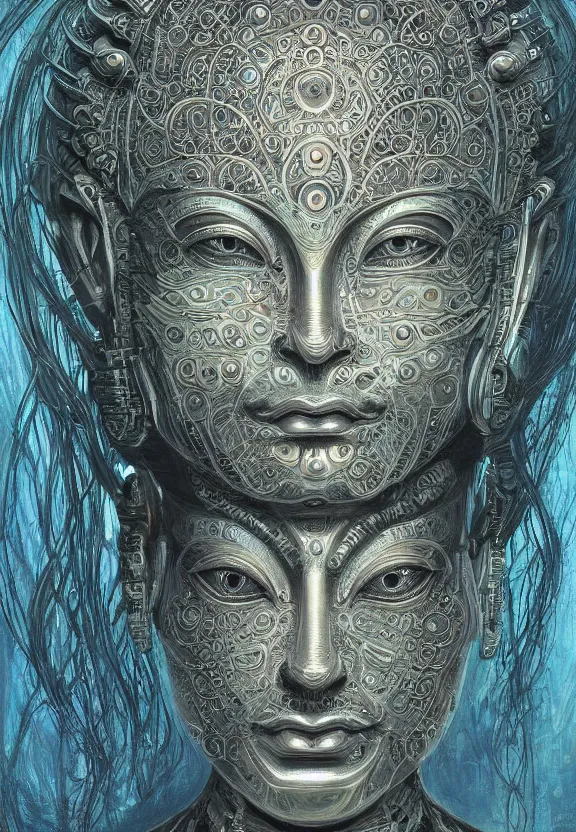 Image similar to perfectly centered portrait, front view of a beautiful biomechanical alien android robot buddha, female, flowing hair, intense stare, sarcastic smile, symmetrical, concept art, intricate detail, volumetric shadows and lighting, realistic oil painting by alex grey and gustave dore,