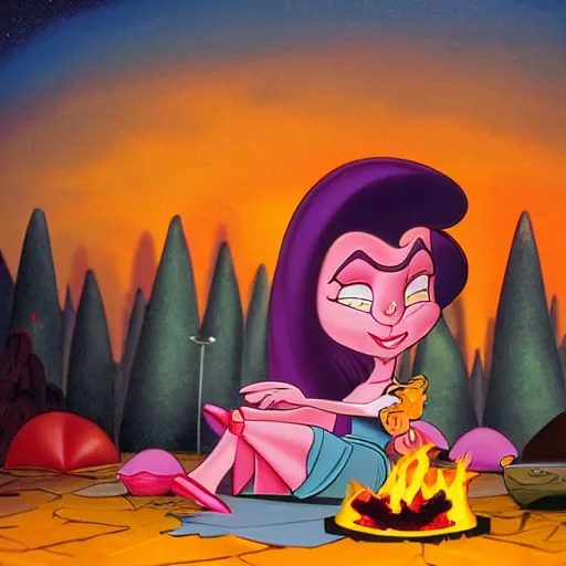 Prompt: full body portrait of Esmerelda (Tiny Toons (1990)) sitting around a campfire telling stories with her friends, in style Robert Hagan, 3D, UE5, ultra high textures, dark vignette, burning embers, nostalgic, muted colors, desaturated, volumetric, slightly drunk, candy rush, autochrome, tranquil, starry night, marshmallows, s'mores, highly detailed, busy, 4K, 8K, HQ