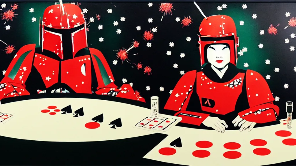 Image similar to woman in a black japanese kimono, sitting at an extremely detailed poker table with the boba fett, sake on the table, fireworks and stars on the background, by andy warhol, by roy liechtestein, canvas, acrylic paint, ivory palette, 4 k, ultra - hd