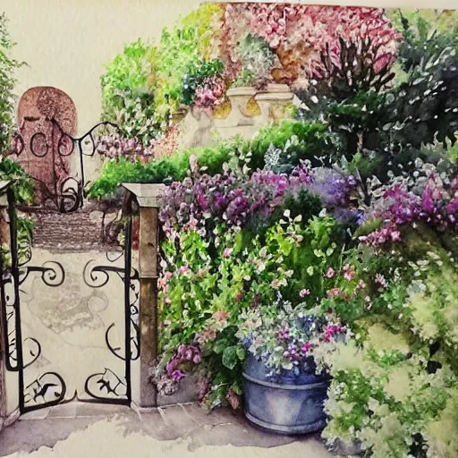 Prompt: delicate, garden, paved, botanic watercolors, iridescent, 8 k, realistic shaded, fine details, artstation, italian, chairs, iron gate, pine maritime, mediterranean