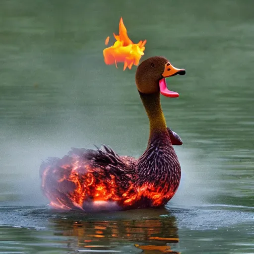 Prompt: Monstrous duck breathing fire