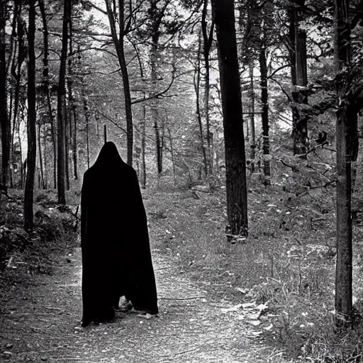 Image similar to old photograph of the grim reaper walking through the forest