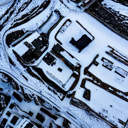 Image similar to snowy region on coast of Iceland, old mine and crates full of supplies buried in snow::2 aerial drone perspective, top down view ::1 sattelite image of snow from 150 meters height, some coal boxes and barrels are covered in snow, old mine remains :: 1 snow, wind falling snow ::1