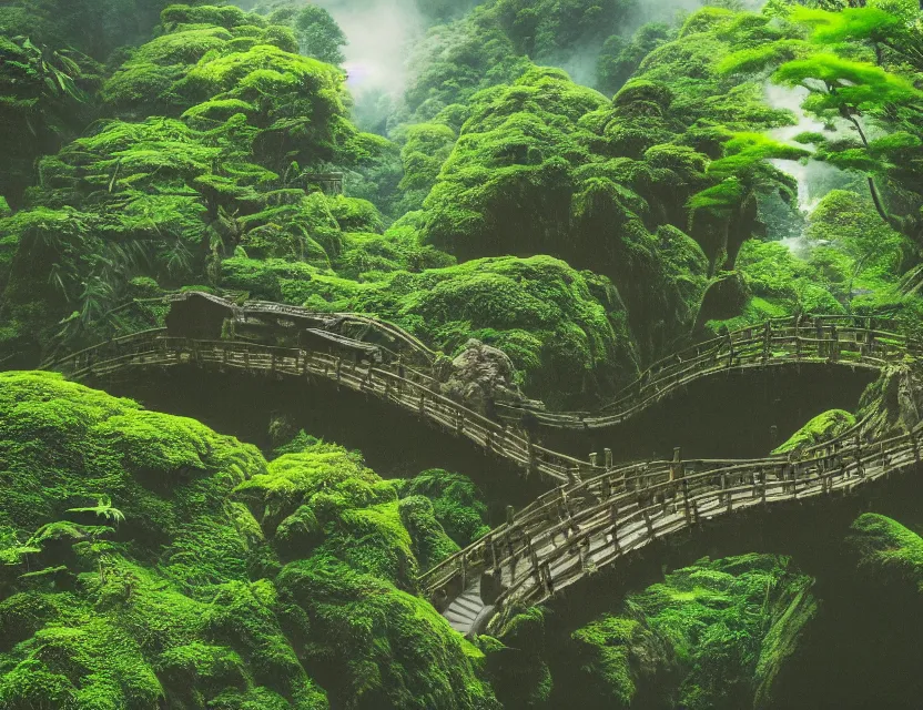 Prompt: a cinematic widescreen photo of epic ancient japanese temples with a winding path and bridge to hot springs on the top of a mountain in a misty bamboo cloud forest with colossal waterfalls at dawn by studio ghibli and roger dean, terraced, mystical,