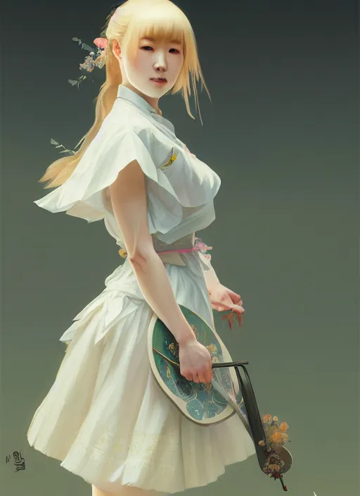 Image similar to symmetry!! portrait of a pretty japanese girl with blonde hair dressed as a french maid skateboarding, elegant, highly detailed, digital painting, 8 k, concept art, smooth, sharp focus, illustration, ethereal, misty, octane render, by ruan jia and greg rutkowski and alphonse mucha