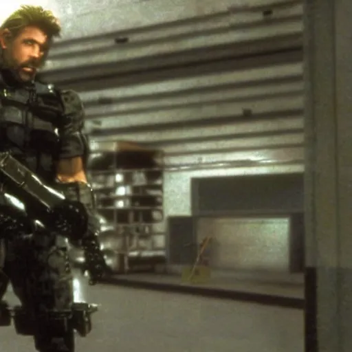 Prompt: metal gear weapon in a warehouse, dramatic shot, 1 9 8 7, movie still