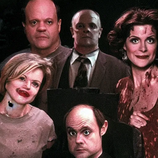 Image similar to the cast of frasier covered in animal blood and guts trapped in a horror movie in a charnel house underground