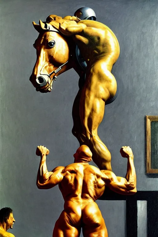 Image similar to bodybuilder in an astronaut helmet lifts a statue of a horse, highly detailed painting by francis bacon, edward hopper, adrian ghenie, gerhard richter, and james jean soft light 4 k,