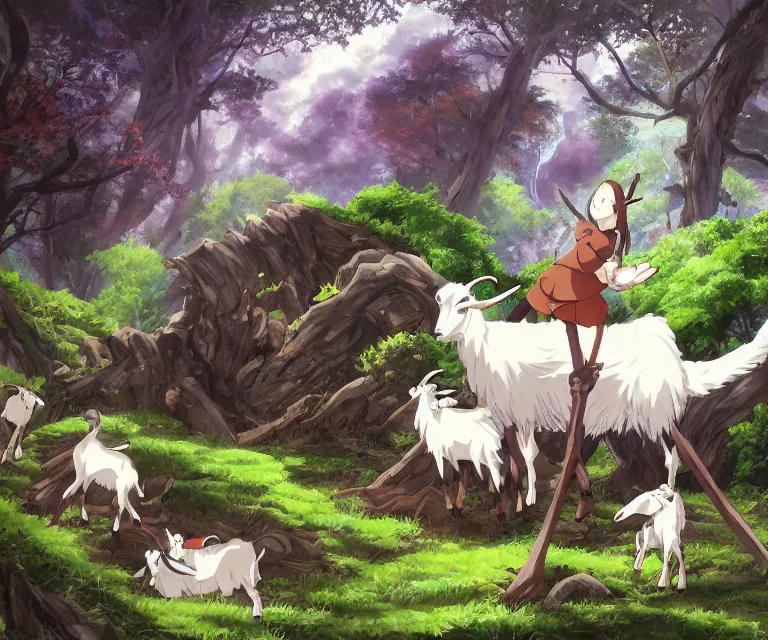 Image similar to goat in a forest, anime fantasy illustration by tomoyuki yamasaki, kyoto studio, madhouse, ufotable, comixwave films, trending on artstation