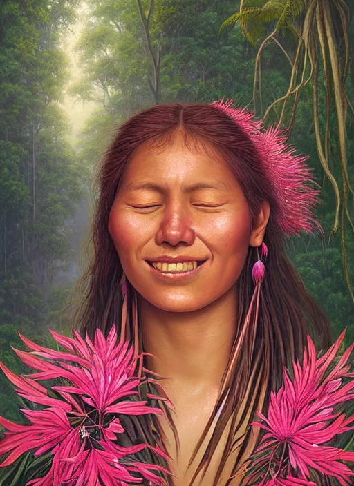 Prompt: a beautiful portrait of a smiling indigenous woman with eyes closed in the amazon jungle surrounded by pink calliandra angustifolia flowers, matte painting, by christophe vacher