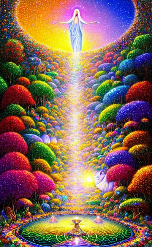 Prompt: a photorealistic image of the afterlife with iridescent beings, light prisms, evolution, ornate metallic jeweled isometric diamond structures landscape, autum garden, visionary art by gilbert williams, carrie ann baade, lisa frank, thomas kinkade,