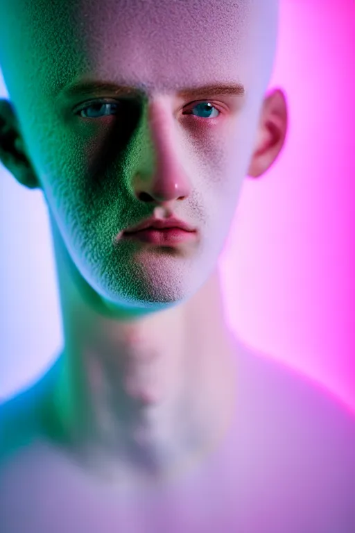 Image similar to high quality pastel coloured film mid angle portrait photograph of a beautiful young 2 0 year old male, soft features, short hair, perspex mask and oversized inflated clothing!!!! icelandic black! rock pool environment. atmospheric three point light. photographic. art directed. ( pastel colours ). volumetric. clearcoat. waves. 8 k. filmic.