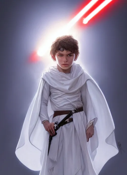 Image similar to perfectly - centered - portrait of a kid wearing white cloak holding light saber, intricate, highly detailed, digital painting, artstation, concept art, smooth, sharp focus, illustration, unreal engine 5, 8 k, art by artgerm and greg rutkowski and alphonse mucha