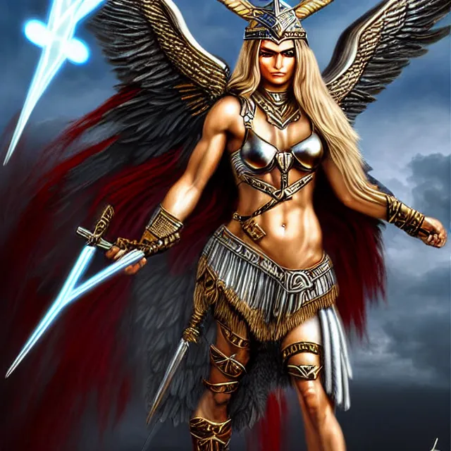 Image similar to beautiful valkyrie warrior with light powers, highly detailed, 4 k, hdr, smooth, sharp focus, high resolution, award - winning photo, anne stokes, photorealistic