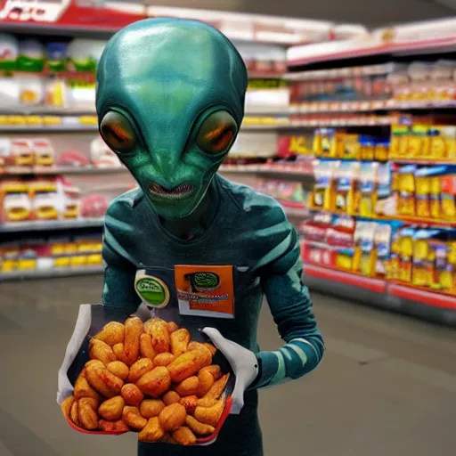 Image similar to mid shot of an realistic alien dressed by emidio tucci buying groceries at the store, shot by amanda carlson and alex strelkovv, professional photo, masterpiece, very detailed, hyper - realistic, unreal engine, straight face, cinematic, 4 k