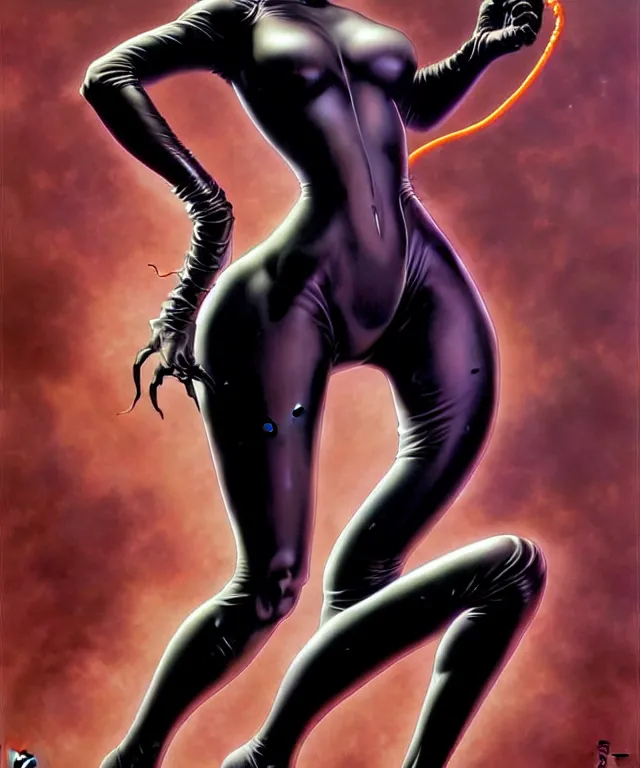 Image similar to cat woman from batman in the style of hajime sorayama, peter mohrbacher, wayne barlowe, gustav moreau, bussiere, roberto ferri, santiago caruso, luis ricardo falero, austin osman spare, boris vallejo, dali