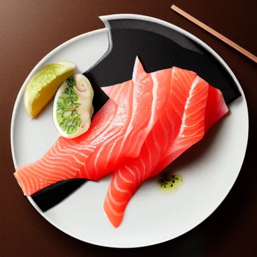 Image similar to salmon sashimi shaped like a cat,photorealistic