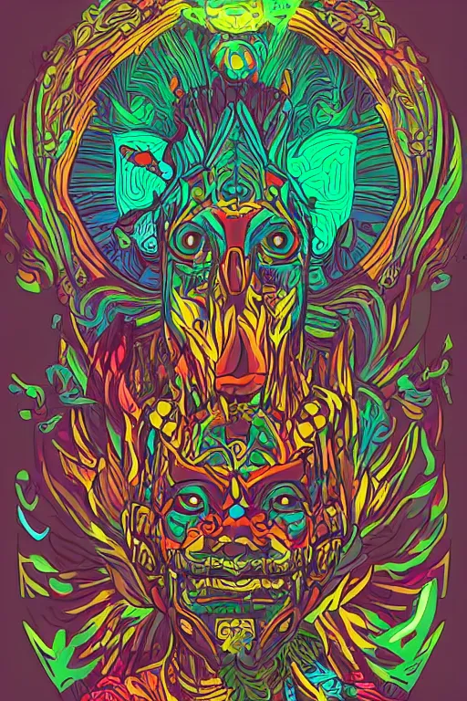 Image similar to animal mask totem roots flower tribal feather gemstone plant wood rock shaman vodoo video game vector cutout illustration vivid multicolor borderlands comics by josan gonzales and dan mumford radiating a glowing aura