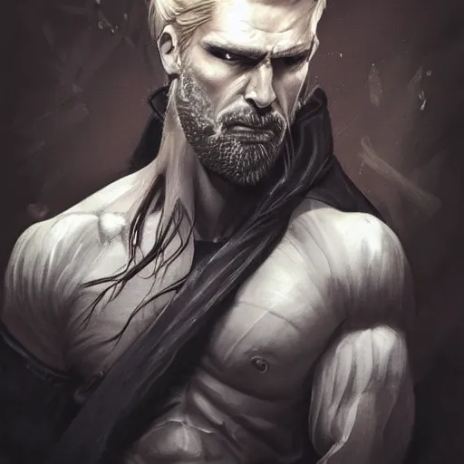 Prompt: portrait of a muscular, grim, ponytail haired blonde man in his late 30's, wearing a thick brown leather coat, looking to his side, scarred face, chiseled face, hunter, DnD character, fantasy character, dramatic lighting, high detail, graphite black and white by Ruan Jia, Krenz Cushart, Rossdraws and Boris Vallejo