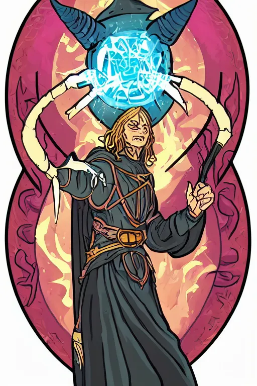 Image similar to Portrait of a devil that is a wizard casting a spell , wizard, medieval, sticker, colorful, casting epic spell, magic the gathering artwork, D&D, fantasy, artstation, heroic pose, illustration, highly detailed, simple, smooth and clean vector curves, no jagged lines, vector art, smooth