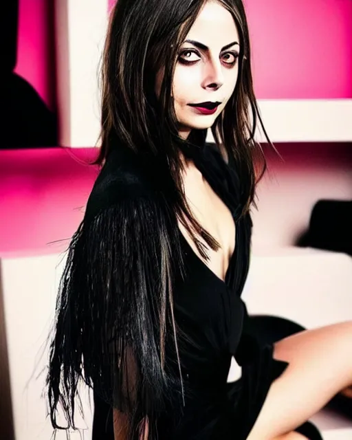 Image similar to style of ivan laliashvili : : gorgeous willa holland : : evil witch, swirling black magic, black dress : : symmetrical face, symmetrical eyes : : full body pose : : gorgeous black hair : : magic lighting, low spacial lighting : :