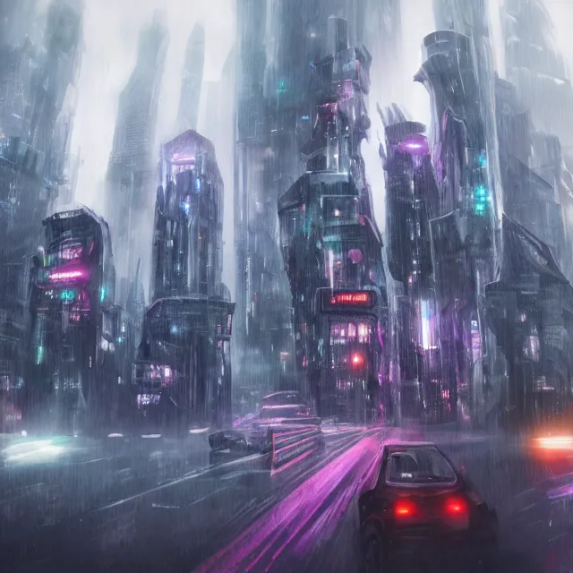 Image similar to futuristic city, during rainstorm, detailed, 4 k