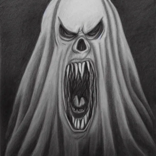 Prompt: pencil drawing of terrifying black ghost shouting, scaring, horror, nightmare, panic, aggresive strokes