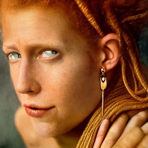 Prompt: Extremely detailed photo realistic matte portrait painting of winking Century Barbary Coast pirate Woman with Ginger hair and Golden hooped earrings photography by Annie Leibovitz, and Steve McCurry