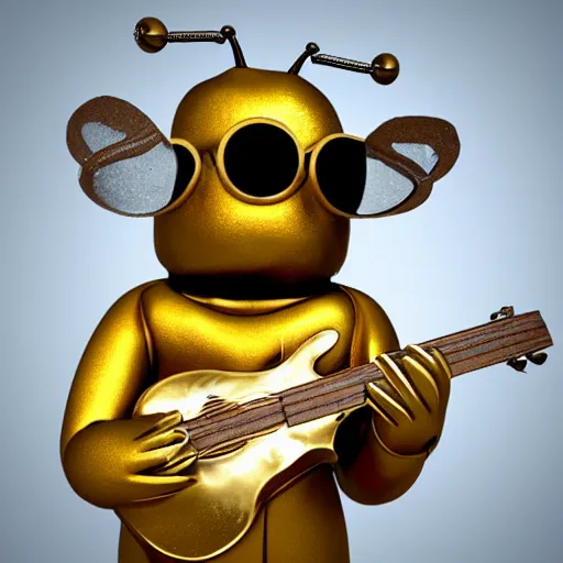 Image similar to 3d bee made of metal, shiny, John Lennon playing guitar onstage