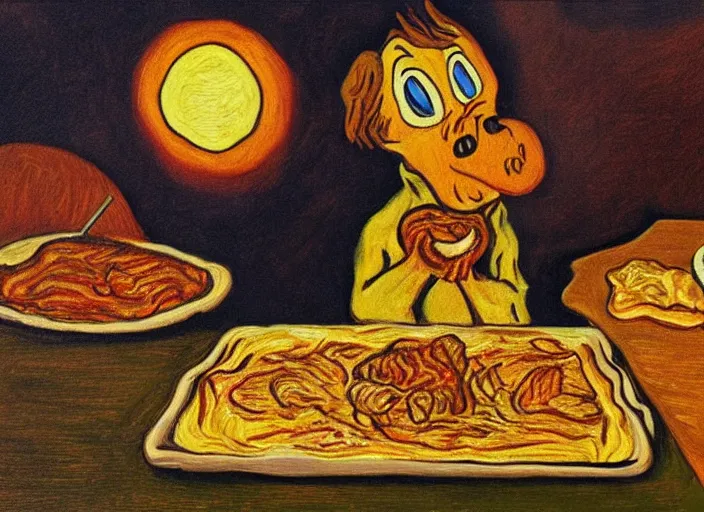 Prompt: detailed realistic painting of garfield eating lasagna at dusk, in the style of vincent van gogh and salvador dali and leonardo da vinci