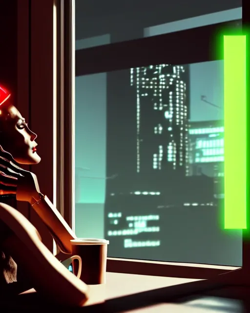 Image similar to a terminator cyborg lady with borg implants is drinking coffee near a window with dystopian city visible outside. tiny green led lights in her cybernetics. very detailed 8 k. horror cyberpunk style.