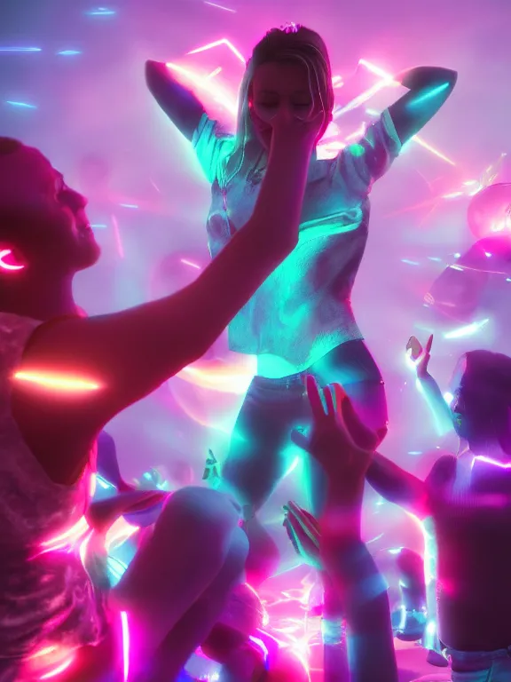 Image similar to The beautiful people of light and love having a dance party in infinity artstationHD, trending on artstation, octane render, digital art, 4k, 8k, HD