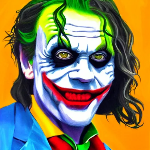 Prompt: mark hamill as the joker, portrait, oil painting, cartoon style