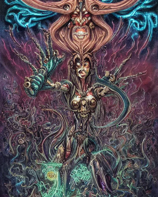 Prompt: silver mechanical charred bloody fleshmetal obliterator cyborg daemonhost woman wearing robes, psychedelic flamer of tzeentch with extra arms gunner, blue and green rainbow fire, by antonio j. manzanedo, alex grey, android jones, wayne barlowe, philippe druillet, josephine wall, harumi hironaka, cronenburg, trending on artstation