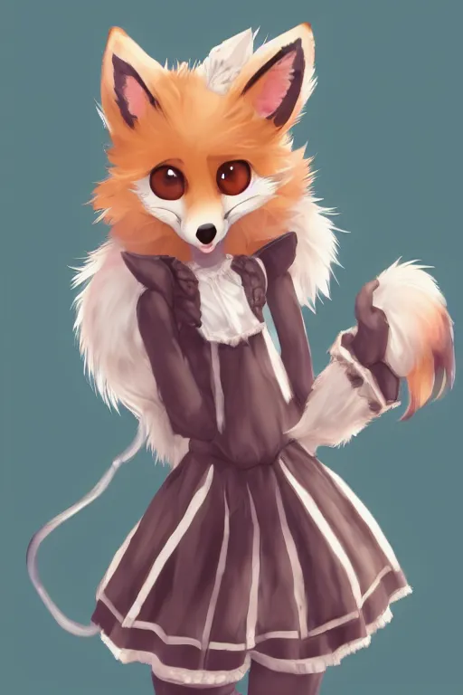 Prompt: a fox fursona!!! with a fluffy tail!!! wearing a maid outfit, highly detailed, digital art, trending on artstation, furry art!!!