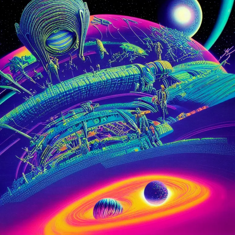 Image similar to edge of interstellar space, synthwave, bright neon colors, highly detailed, cinematic, tim white, philippe druillet, roger dean, aubrey beardsley, ernst haeckel, lisa frank, vladimir kush, kubrick, isono