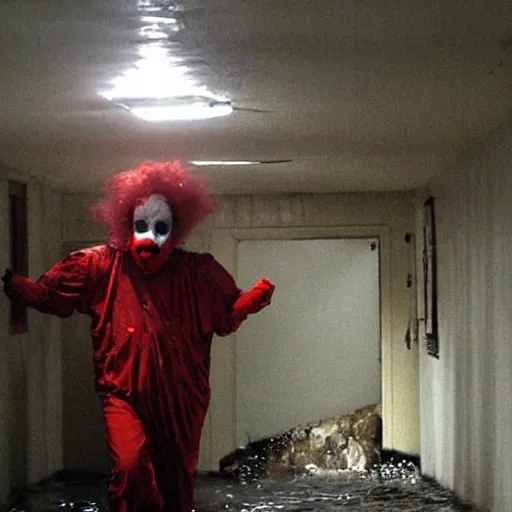 Prompt: a creepy clown at the end of a flooded basement hallway. craiglist photo.